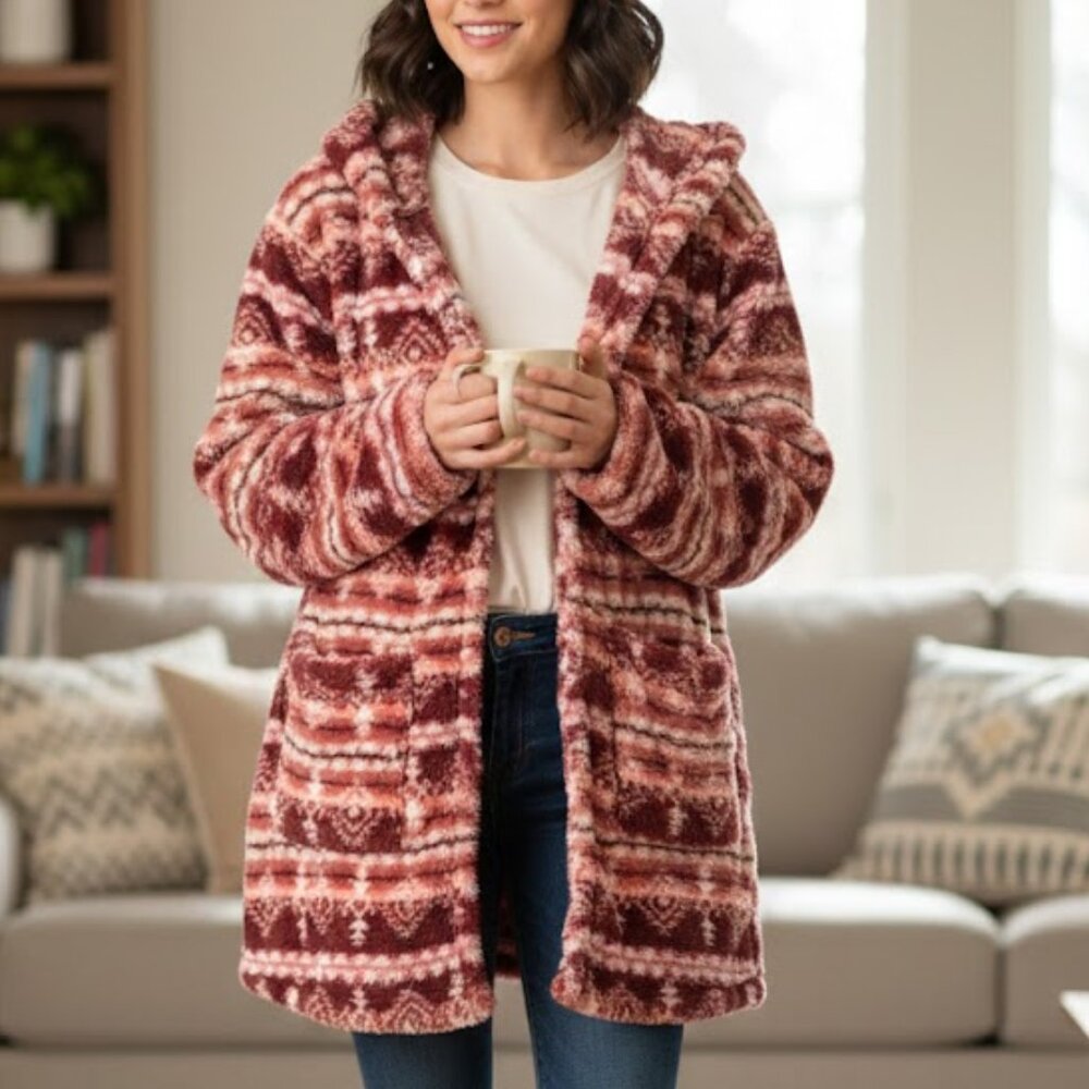 Poppy & Whimsy NEW Maroon/Pink Fleece Hooded Open Cozy Cardigan w/pockets, 2X